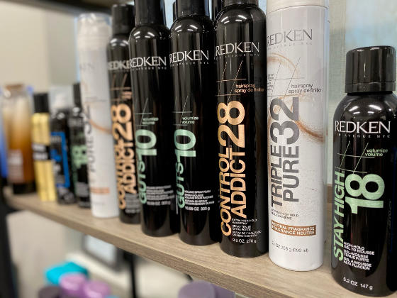 A shelf of haircare products